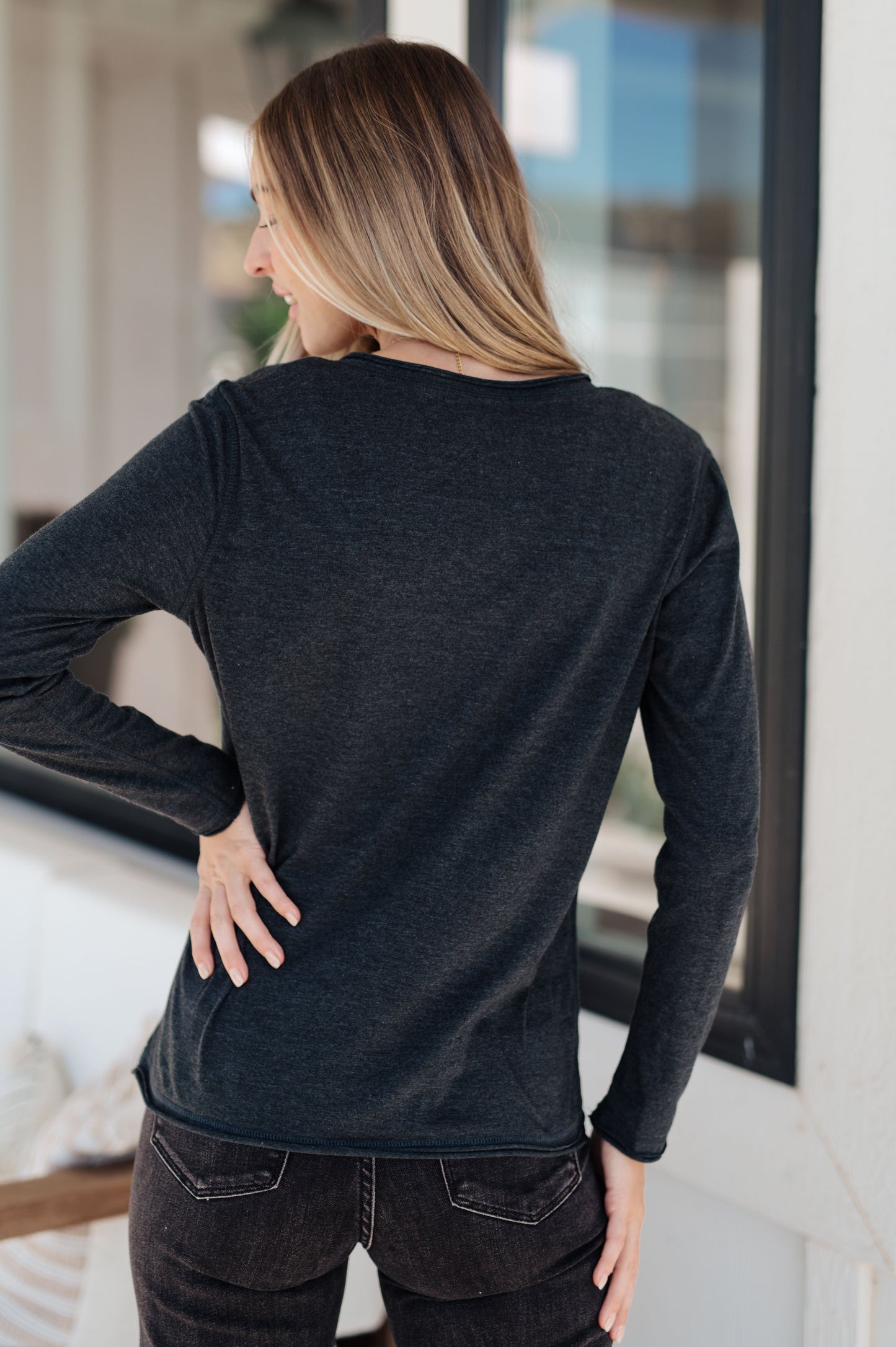 Alpine Raw Edge Long Sleeve Tee in Charcoal